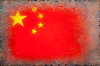 Çin bayrağı. Su damlalarının arka planında Çin bayrağı. Yağmur damlalı bayrak. Cama sıçrıyor. Soyut arkaplan