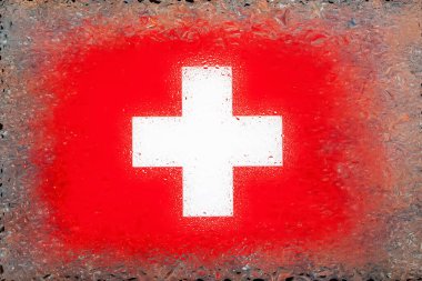 İsviçre bayrağı. Su damlalarının arka planında İsviçre bayrağı. Yağmur damlalı bayrak. Cama sıçrıyor. Soyut arkaplan