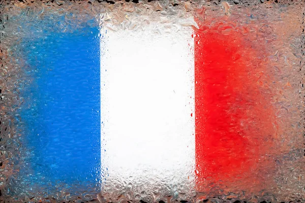 Flag of France. Flag of France on the background of water drops. Flag with raindrops. Splashes on glass. Abstract background