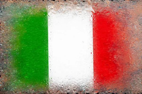 意大利国旗 意大利国旗背景上的水滴 挂满雨滴的国旗 洒在玻璃上摘要背景 — 图库照片