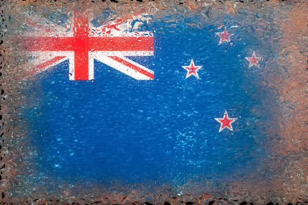 Yeni Zelanda Bayrağı Damlalarının Arka Planında Yeni Zelanda Bayrağı Yağmur — Stok fotoğraf