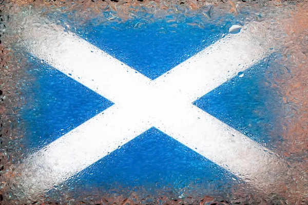 Flag of Scotland. Flag of Scotland on the background of water drops. Flag with raindrops. Splashes on glass. Abstract background