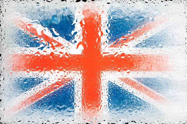 Nagy Britannia Zászló Nagy Britannia Háttérben Vízcseppek Zászló Esőcseppekkel Üvegszilánkok — Stock Fotó