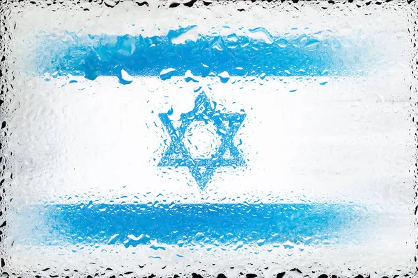 Israel flag. Flag of Israel on the background of water drops. Flag with raindrops. Splashes on glass. Abstract background