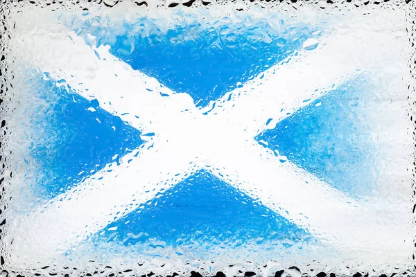 Scotland flag. Flag of Scotland on the background of water drops. Flag with raindrops. Splashes on glass. Abstract background