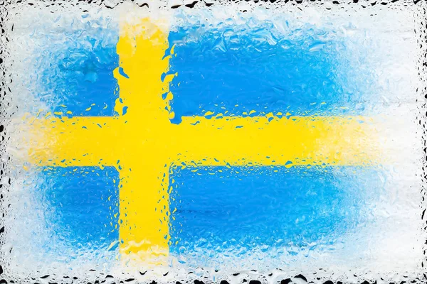 Sweden flag. Flag of Sweden on the background of water drops. Flag with raindrops. Splashes on glass. Abstract background