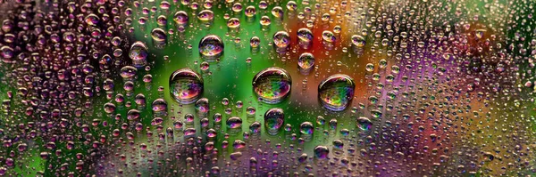 Drops of water banner. Abstract wet background. Colored macro texture of a drop. Iridescent gradient. Heavily textured image. Shallow depth of field. Selective soft focus
