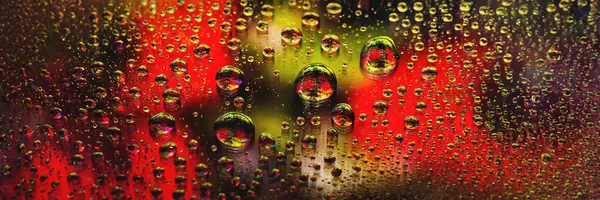 Large water drops banner. Abstract wet background. Colored macro texture many drops. Rainbow gradient. Heavily textured image. Shallow depth of field. Selective soft focus