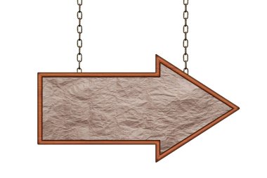 Demir zincirlerde asılı boş desen ok işareti. Ok işareti. Beyaz arkaplanda işaret panosu izole edildi