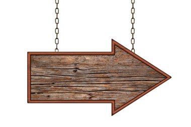 Demir zincirlerde asılı boş tahta ok işareti. Beyaz arkaplanda ok işareti izole edildi