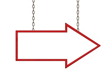 Demir zincirlerde asılı boş kırmızı nişancı işareti. Ok işareti. Beyaz arkaplanda işaret panosu izole edildi