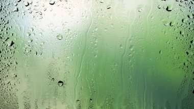 Pencerede yağmur damlaları. Cama su damlıyor. Soyut arkaplan. Yeşil doğal manzara. Damlaların dokusu. Seçici yumuşak odak