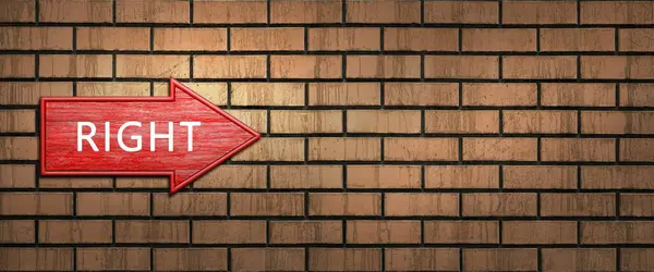 Red wooden arrow sign with the word RIGHT hanging on a dark brick wall. Right arrow pointer. Direction indicator