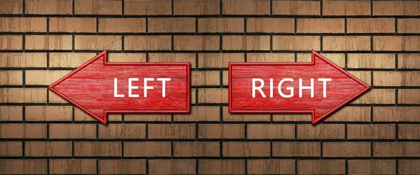 Red wooden arrow signs with the inscription LEFT and RIGHT hang on a dark brick wall. Right and left arrow pointers. Set direction signs