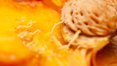 Şeftali deseni. Olgun şeftalinin sulu posası. Seçici yumuşak odak