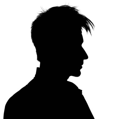 Yetişkin bir adamın silueti. Sosyal ağlar için erkek avatar. Saçları dağınık bir portre. Siluet beyaz arkaplanda izole edildi