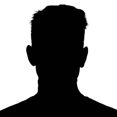 Yetişkin bir adamın silueti. Sosyal ağlar için erkek avatar. Dağınık saçlı bir portre. Siluet beyaz arkaplanda izole edildi