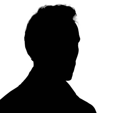 Yetişkin bir adamın silueti. Sosyal medya için erkek avatar. Saçları dağınık bir portre. Siluet beyaz arkaplanda izole edildi