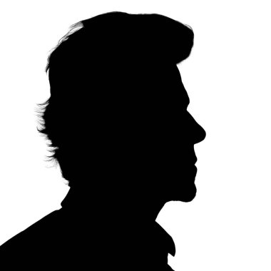 Yetişkin bir adamın silueti. Sosyal ağlar için erkek avatar. Profil portresi. Siluet beyaz arkaplanda izole edildi