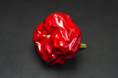 Acı kırmızı biber. Koyu arkaplanda kuru acı biber. Üst Manzara. Seçici yumuşak odak