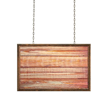 Demir zincirlerde asılı tahta boş tabela. Boş tahta yüzeyi olan dikdörtgen çerçeve. Beyaz arkaplanda işaret panosu izole edildi