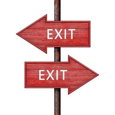 Paslı direkte çıkış yazısıyla kırmızı tahta ok işareti. Yön işaretleri sağa ve sola. Beyaz arkaplanda işaret panosu izole edildi