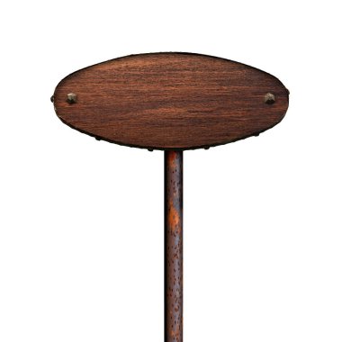 Paslı bir demir direkte tahta tabela. Beyaz arkaplanda işaret panosu izole edildi