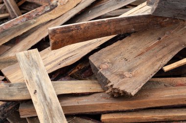 Kırık kalaslar. Bıçkıhanede ıslak tahta yığını. Seçici yumuşak odak