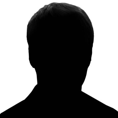 Erkek avatarı. Genç bir adamın silueti. Sosyal ağlar için simge. Beyaz arkaplanda siyah beyaz siluet