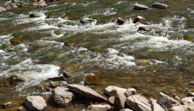 Dağ nehri. Fırtınalı bir nehirde taşlar. Dağlarda büyük taşlar. Doğal arkaplan