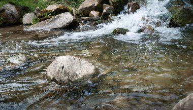 Dağ nehri. Akan suda büyük taşlar. Islak taş dokusu. Dağlarda seyahat et.
