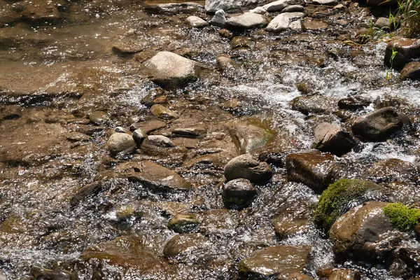 Dağ nehri. Hızlı bir nehirde büyük taşlar. Parlak ıslak taşların dokusu. Dağlarda seyahat et.
