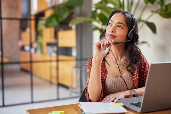 Young Latin Business Woman Wearing Headphones Microphone Daydreaming While Working — Stock Photo, Image