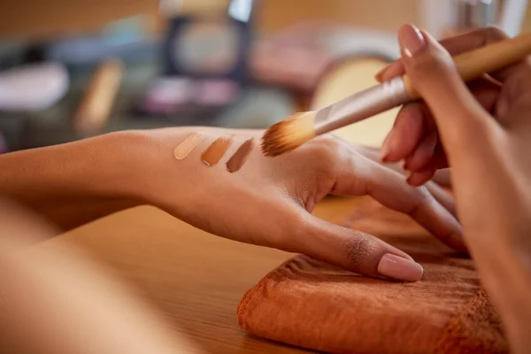 Closeup Hands Woman Applying Different Shades Liquid Foundation Hand Makeup — Stock Photo, Image