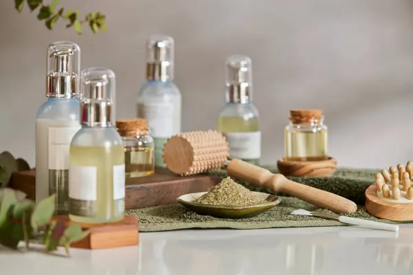 Kompletny Zestaw Kosmetyków Kosmetycznych Solą Różnymi Butelkami Słoikami Naturalne Organiczne Obrazek Stockowy
