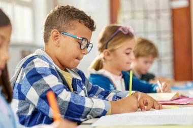 Sınıfta diğer çocuklarla oturan ve ders kitabı yazan çok ırklı ilkokul öğrencisi çocuk. İlkokulda ev ödevi yapan erkek öğrenci. Sınav sırasında not defterine yazan melez bir öğrenci..