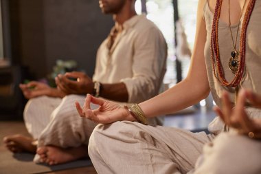 Meditasyon sırasında birkaç el yoga nilüfer pozisyonunda olsun. Huzurlu bir farkındalık ve nefes alma anı. Sağlık inzivasında. Doğal ışık ve sakin enerjiyle dizlerinin üzerinde dinlenen ellerin ayrıntıları: denge, farkındalık ve iyileşme kavramı.