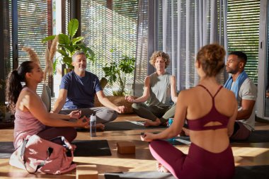 Bir grup kadın ve erkek yoga seansından sonra bir çemberde oturup meditasyon yapıyorlar. Barışçıl insanlar, Lotus pozisyonunda, gözleri kapalı meditasyon yaparlar. Arkadaşlar gün batımında yogadan sonra farkındalık ve rahatlamaya odaklanırlar..