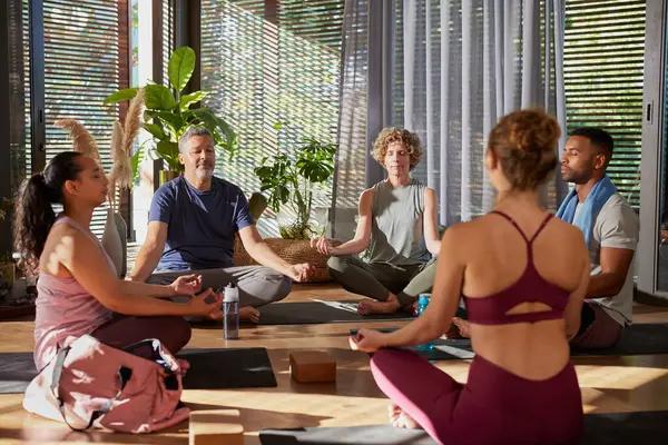 Bir grup kadın ve erkek yoga seansından sonra bir çemberde oturup meditasyon yapıyorlar. Barışçıl insanlar, Lotus pozisyonunda, gözleri kapalı meditasyon yaparlar. Arkadaşlar gün batımında yogadan sonra farkındalık ve rahatlamaya odaklanırlar..