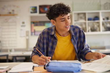 Genç öğrenci bir sınıfta kitap ve notlarla ders çalışıyor. Ortaokulda okurken ve yazarken gelişigüzel giyinen bir genç. Masada kalem ve kitapla ödev yapan çok ırklı bir adam..
