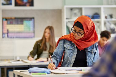 Lise derslerinde not defterine yazan odaklanmış İslamcı kız öğrenci. Gündelik kıyafetli genç kız bir ortaokulda kitap ve defterle masa başında çalışıyor. Sınıf arkadaşlarıyla birlikte Arap gençlik yazı sınavı.