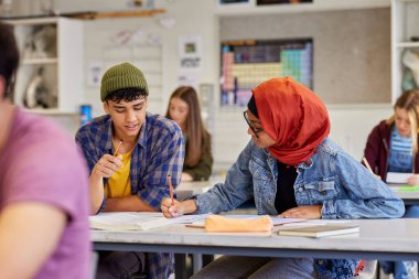 İki çok ırklı öğrenci lisede ders sırasında birlikte çalışıyorlar. Latin adam masalarında tesettür takan çok ırklı kızlarla işbirliği yapıyor ve fikirlerini paylaşıyor. Ortaokulda birlikte okuyan sınıf arkadaşları..