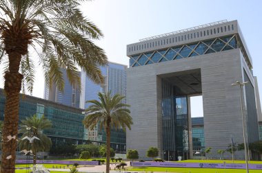 Dubai, UAE - February 14,2022: Dubai Arc de Triomphe or The Gate. The Gate Building was the first building of the Dubai International Financial Centre. Gateway to a new financial district in Dubai.