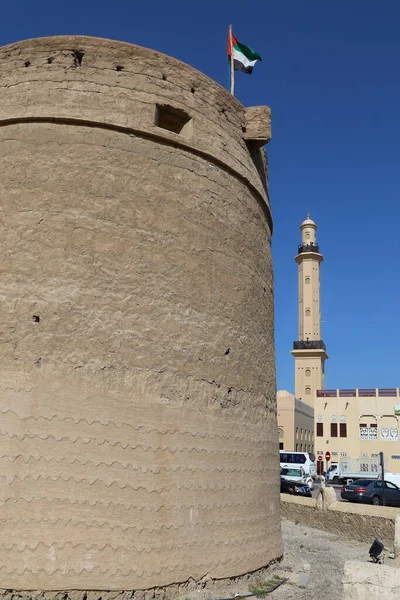 Dubai, UAE - February 14,2022: Al Fahidi Fort the oldest existing building in Dubai, its now the Dubai Museum. Its presenting the traditional way of life in the Emirates. Located on the Dubai Creek