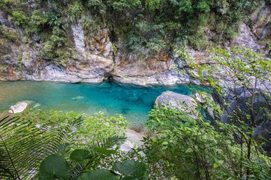 Shakadang, Taroko Ulusal Parkı Tayvan 'ında yürüyüş parkurunda. Liwu Nehri tarafından oyulmuş Taroko Geçidi 'nin adını alan koruma altındaki orman manzarası. Tayvan 'ın doğal harikaları ve mirası.