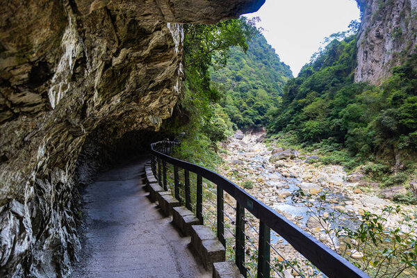 Shakadang hiking trail at the Taroko National Park Taiwan. The protected mountain forest landscape named after the landmark Taroko Gorge, carved by the Liwu River. Taiwan natural wonders and heritage.