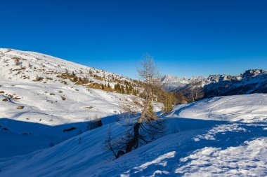 Karlı dağların güzel panoramik manzarası, İtalya 'daki güzel Avrupa kış dağları Dolomitler, kros kayakçıları ve kırsal bölgelerdeki kayakçılar için kayak pisti. Resimli kış manzarası