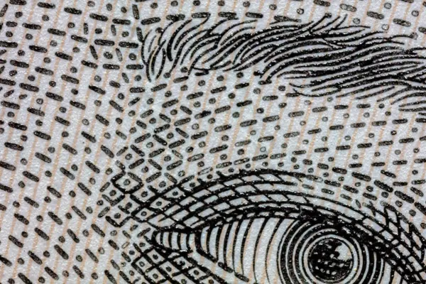 The eyes of Queen Elizabeth II on a 5 dollars banknote of Australian. Macro capture of the engraving on the 5 Dollars Australia banknote. Extreme close up to a Australian 5 dollars note. Polymer money