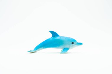 Plastikten yapılmış yunus oyuncağı. Beyaz arka planda gölgesiz. Gıcırtılı lastik yunus oyuncağı. Çocuklar küçük küvet elastik yunus.