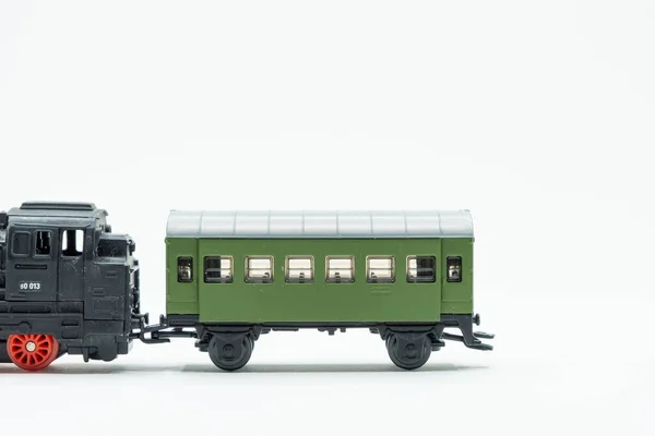 Miniatuur Van Een Oude Speelgoedtrein Een Zwarte Locomotief Met Een — Stockfoto